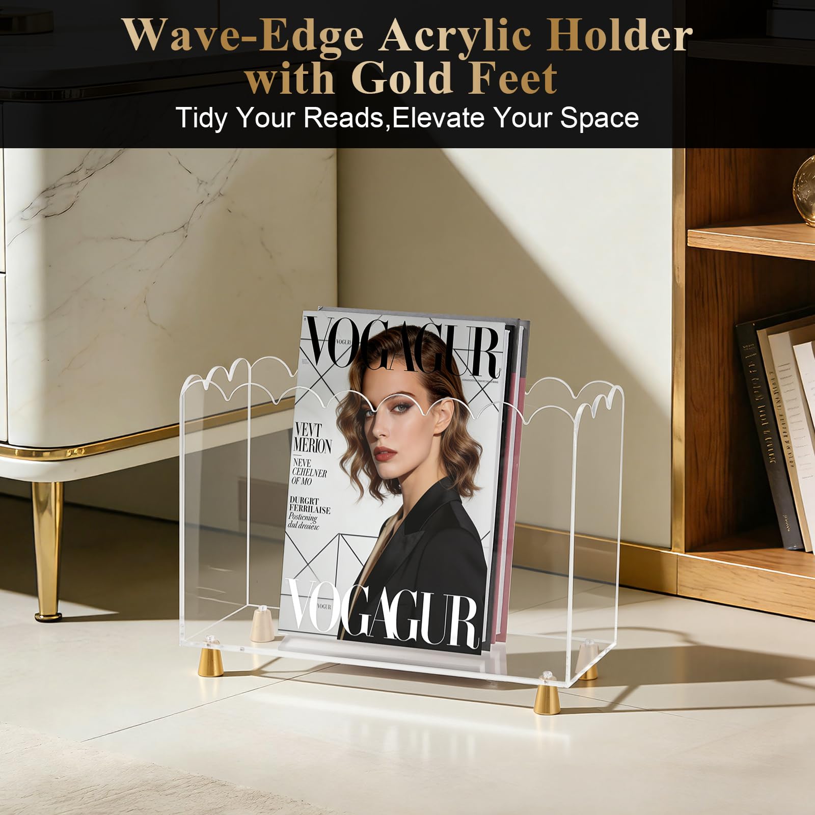 Tocemei acrylic magazine holder side view: compact, space-saving desk organizer.