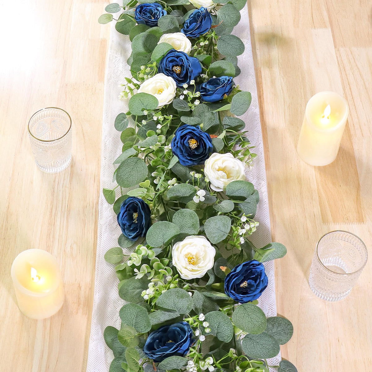 TOCHGREEN 2-pack garland with blue-white roses for wedding backdrop