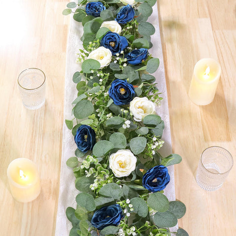 TOCHGREEN 2-pack garland with blue-white roses for wedding backdrop