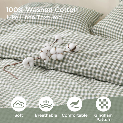 Bedroom scene with TOCOMOA green gingham bedding blending vintage charm and modern minimalism.