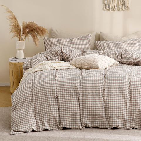 TOCOMOA tan gingham duvet cover king close-up reveals soft, breathable cotton for year-round comfort.