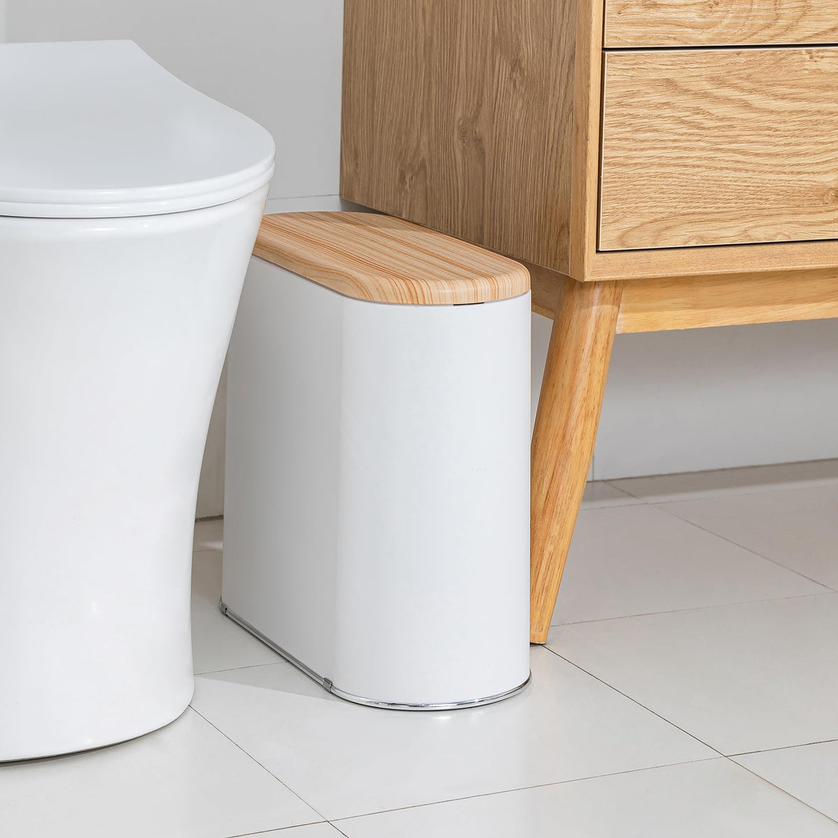 TODAYGO small bathroom trash can with woodgrain lid fits tight spaces.