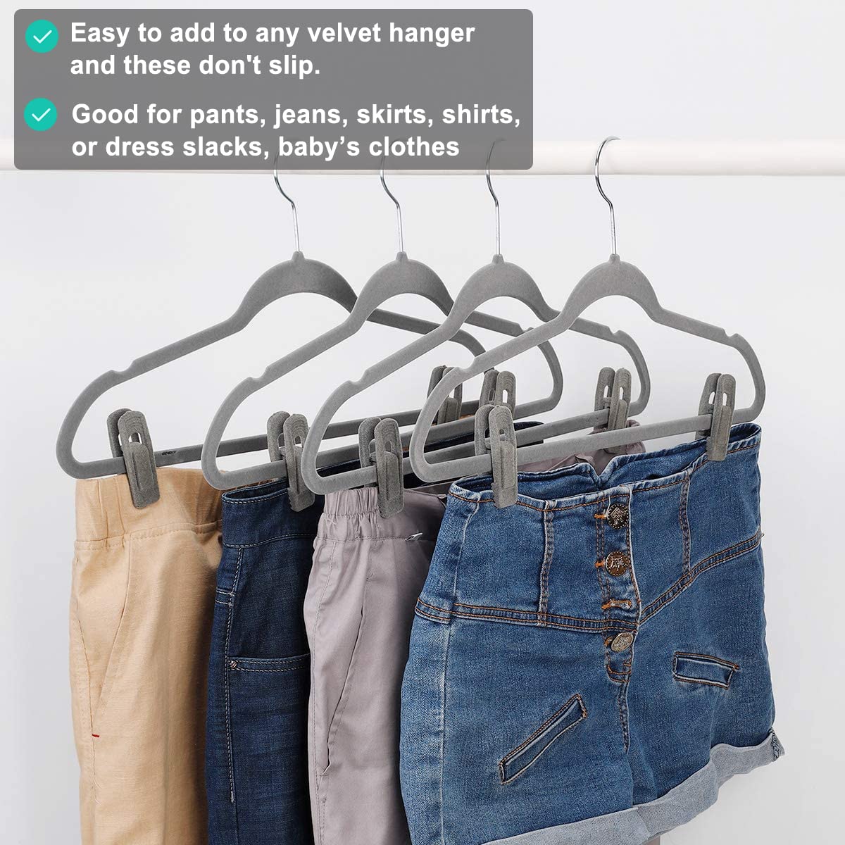 TOFIIGREM slim velvet hanger clips hold pants firmly without slipping.