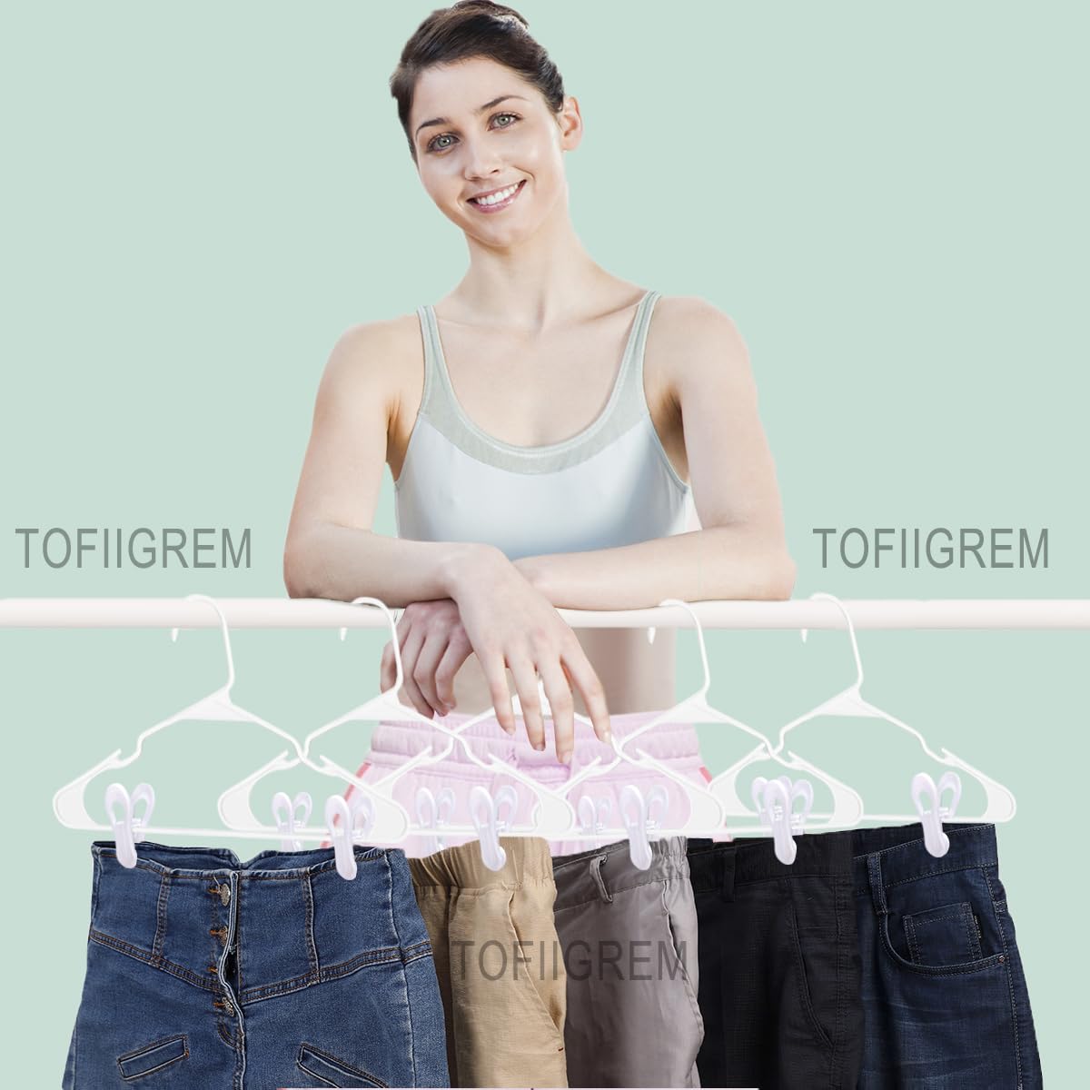 TOFIIGREM clips on velvet hangers show compatibility with delicate garments.