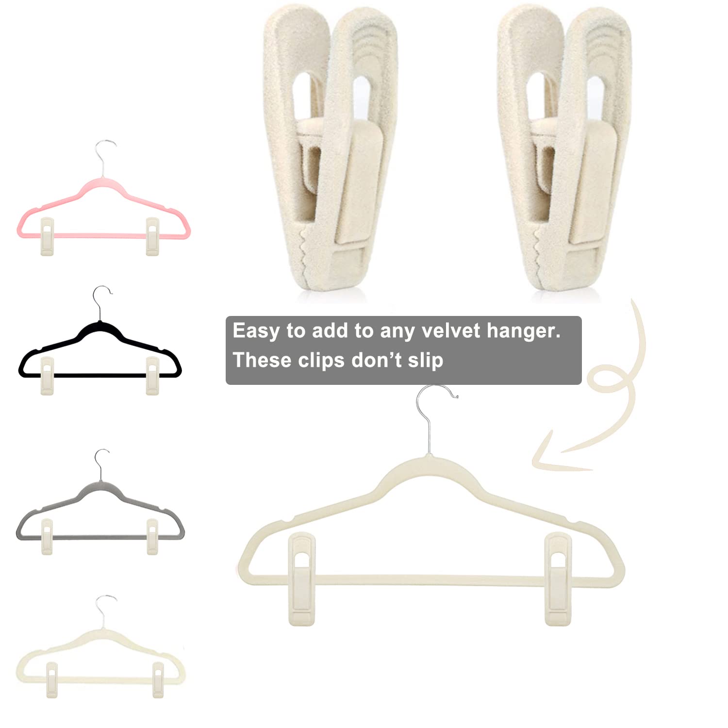 TOFIIGREM non-slip teeth clamp securely to velvet hangers for tidy wardrobes.