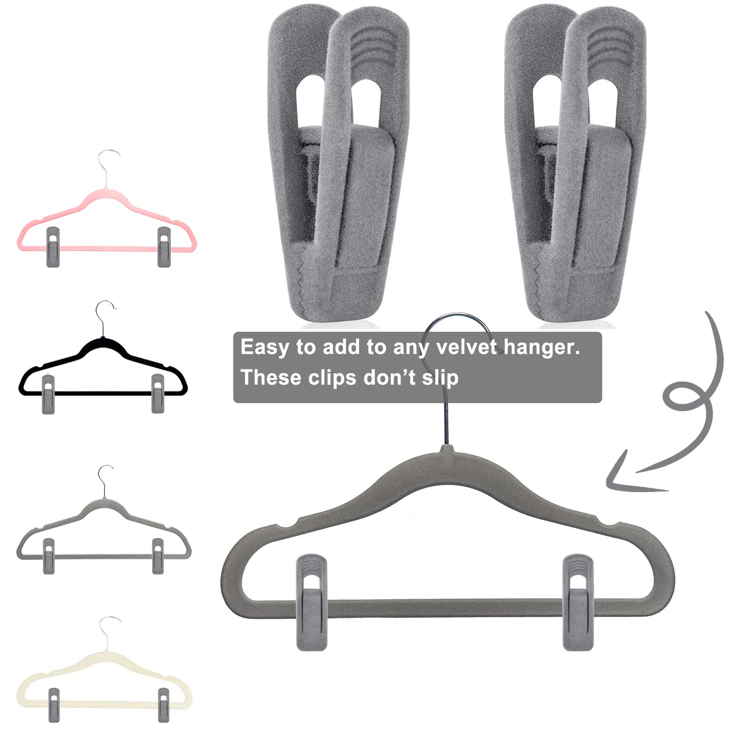 TOFIIGREM velvet hanger clips organize clothing like shirts and dresses neatly.