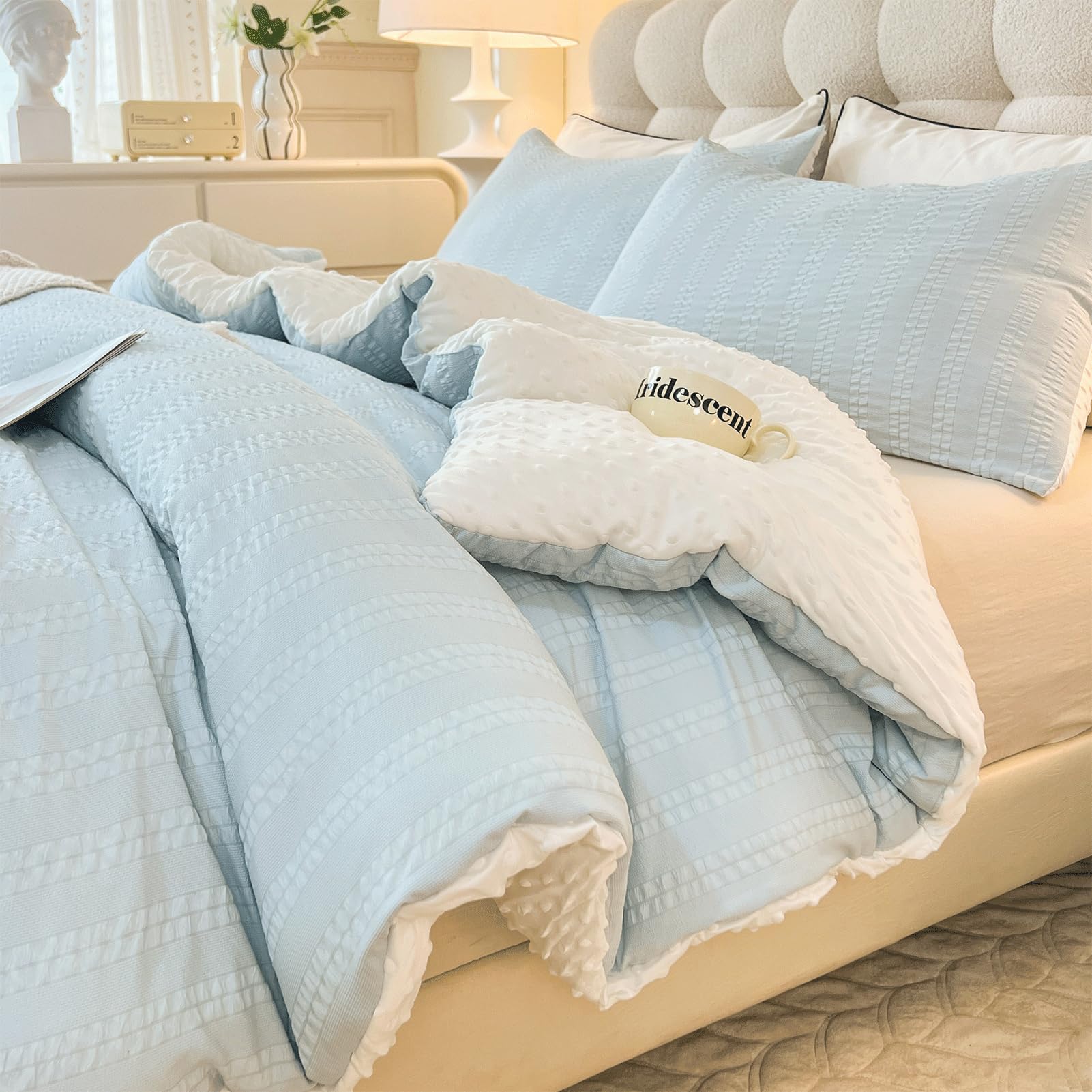 Tohrisa Boho Comforter Set with striped seersucker in light blue offering breathable all-season comfort