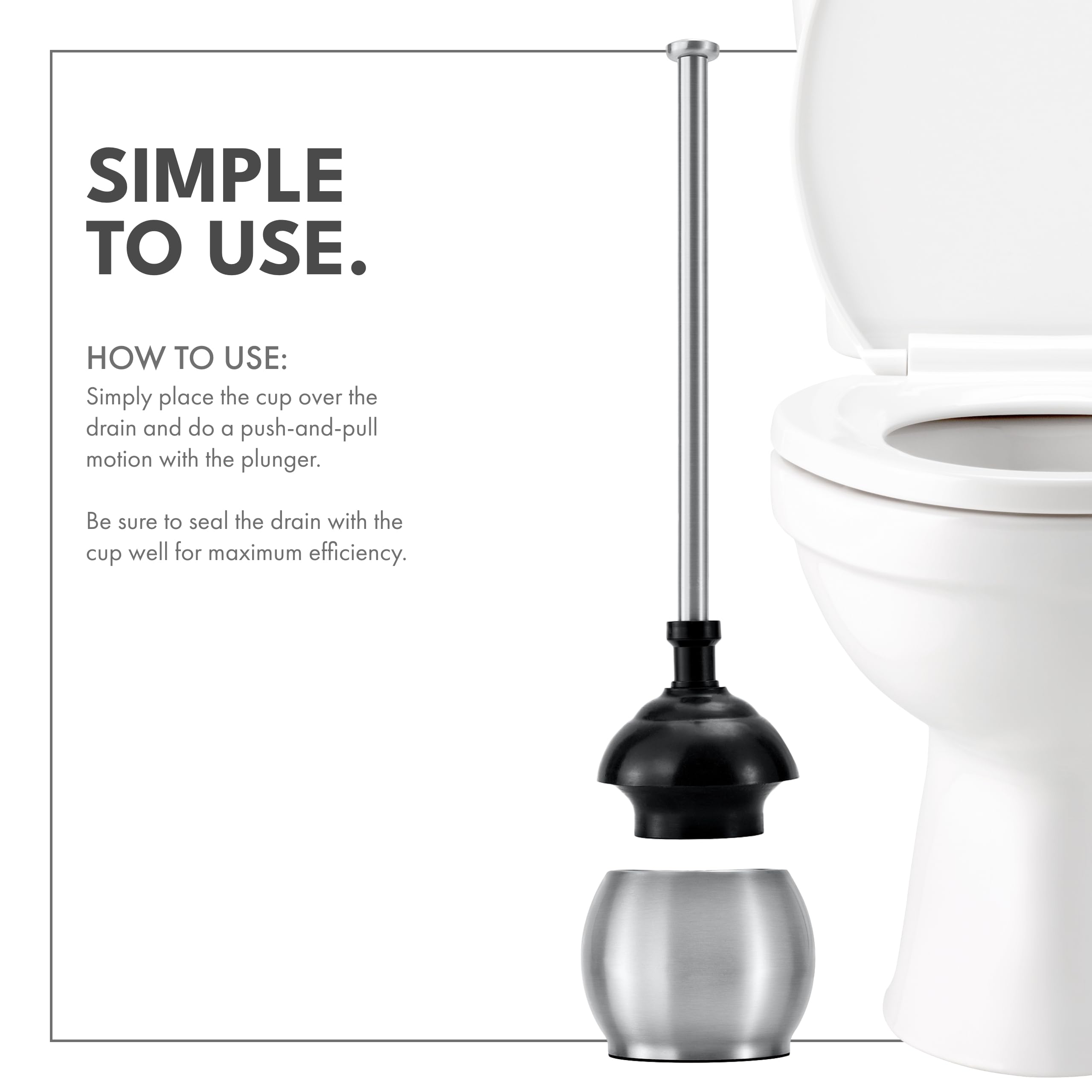 Durable stainless steel construction of ToiletTree plunger highlights long-term reliability.