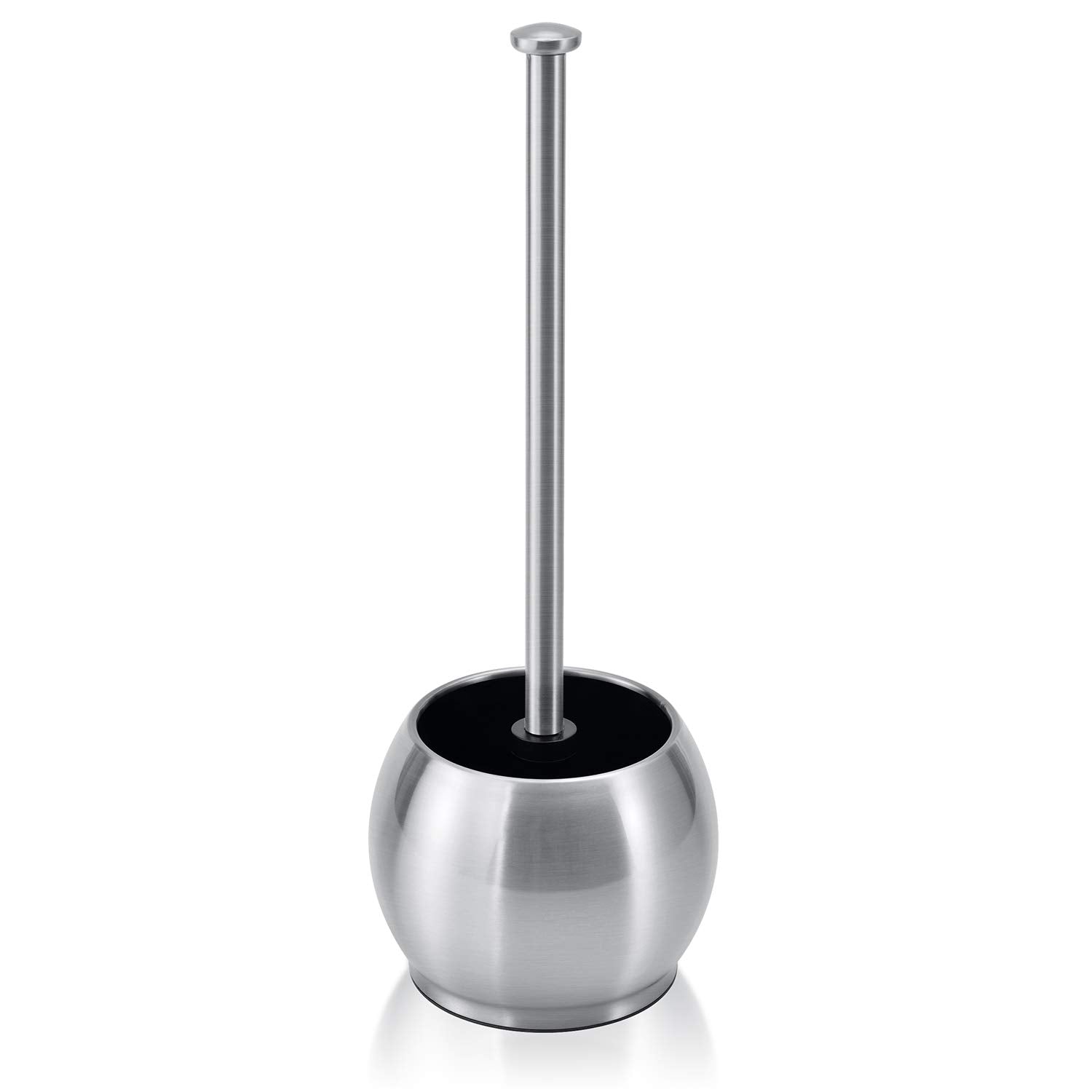 ToiletTree stainless steel plunger with holder viewed from front for stylish bathroom organization.