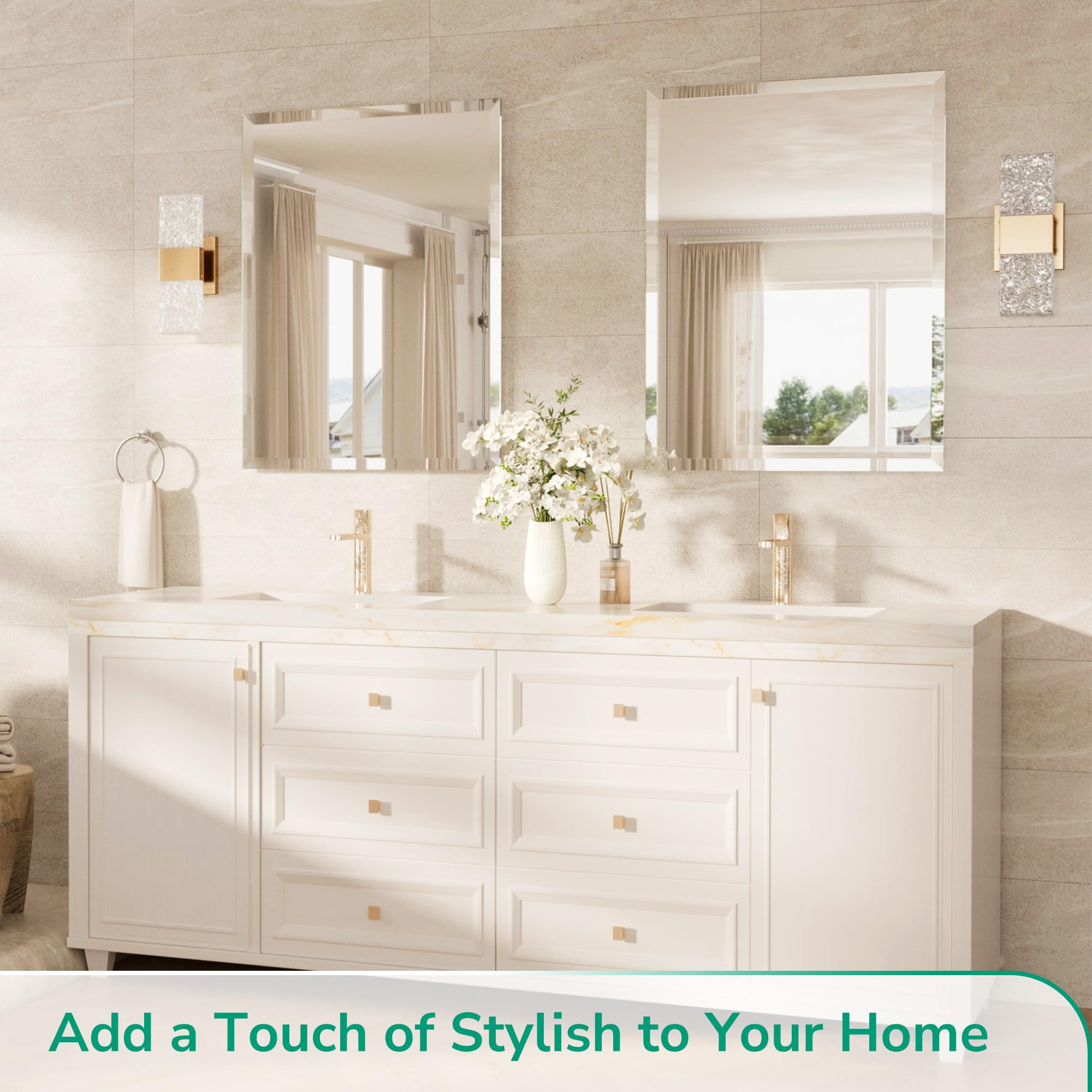TokeShimi frameless beveled-edge mirror enhances modern bathrooms with a spacious feel.