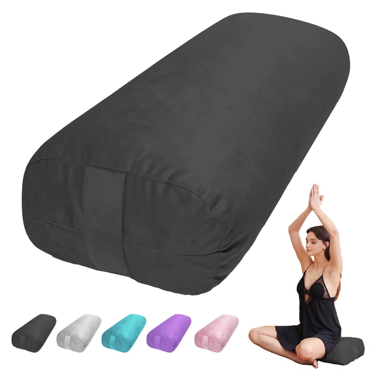 TokSay Yoga Bolster Pillow closeup shows plush black velvet cover for comfort