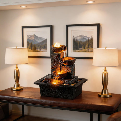 Tolevoit rotating-ball water feature brings serene atmosphere to living rooms.