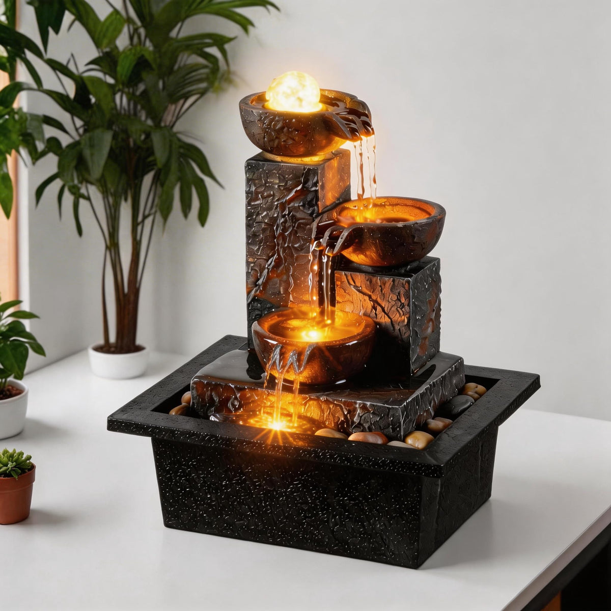 Tolevoit three bowls fountain with rotating ball for desk ambience and relaxation.