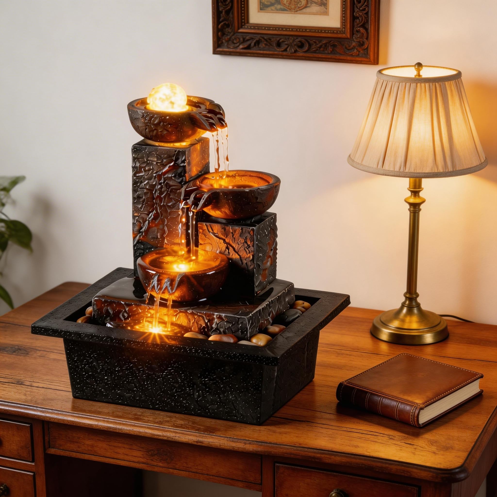Tolevoit warm LED accent light highlights the flowing water.