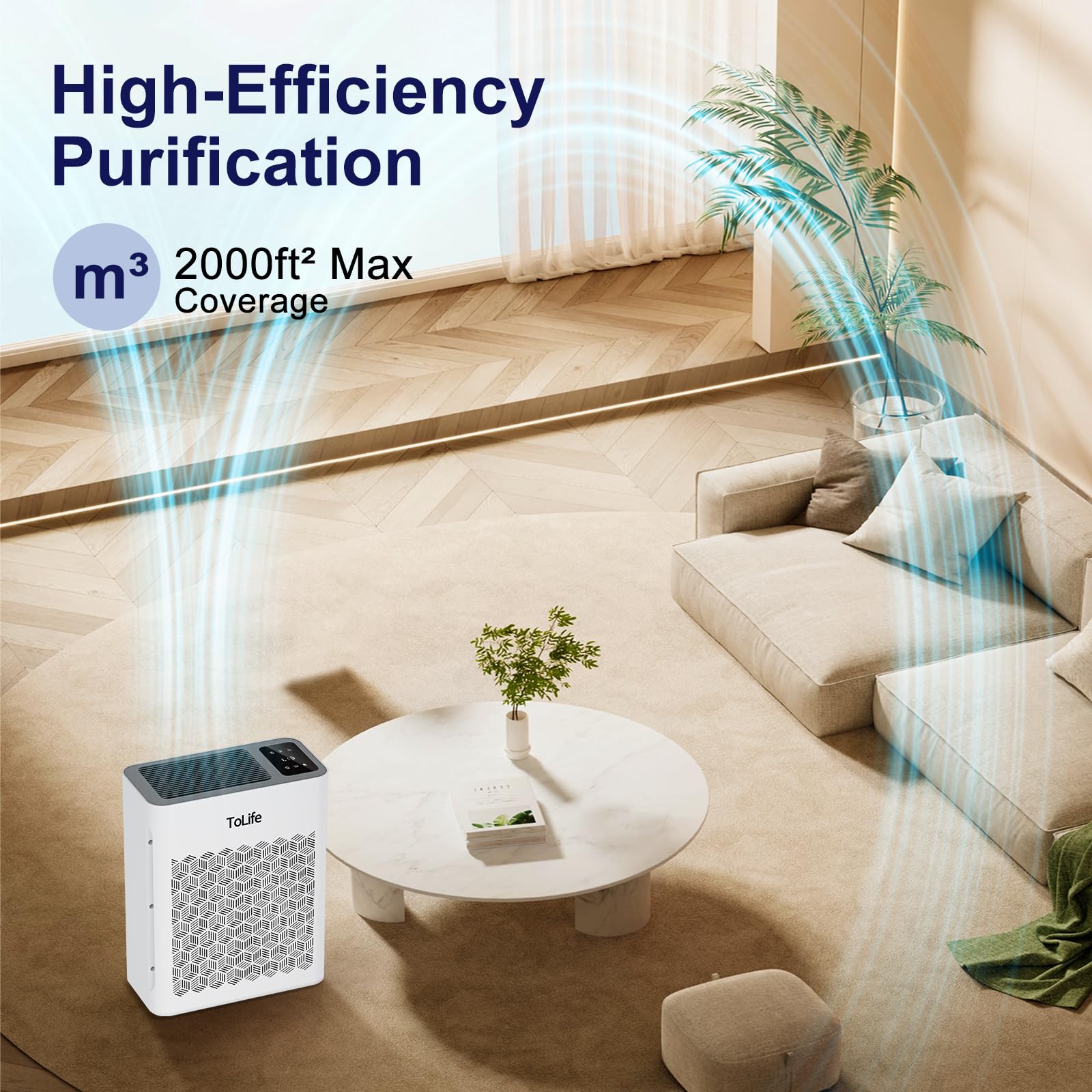 ToLife air purifier top panel with indicators off for distraction-free living.