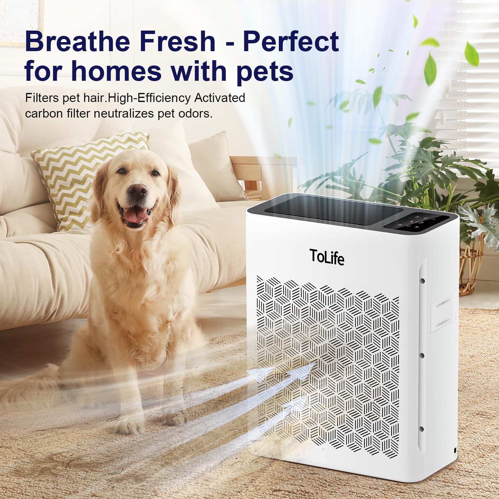 ToLife purifier washable filter close-up showing pet hair pre-filter in action.