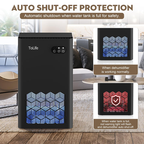 ToLife dehumidifier compact size fits 950 sq ft spaces for flexible setup.