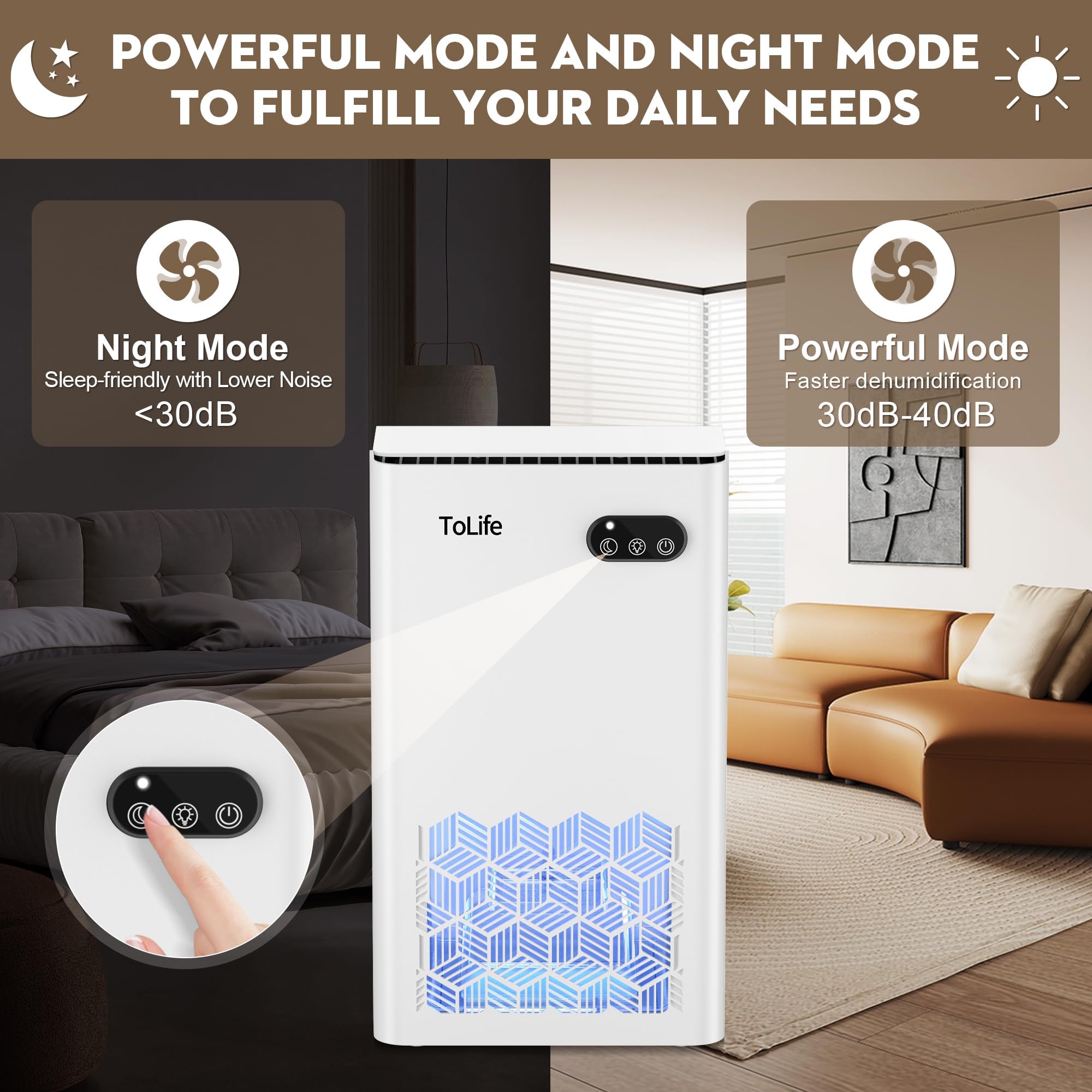 ToLife dehumidifier control panel for quick, simple mode selection.