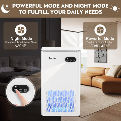 ToLife dehumidifier control panel for quick, simple mode selection.