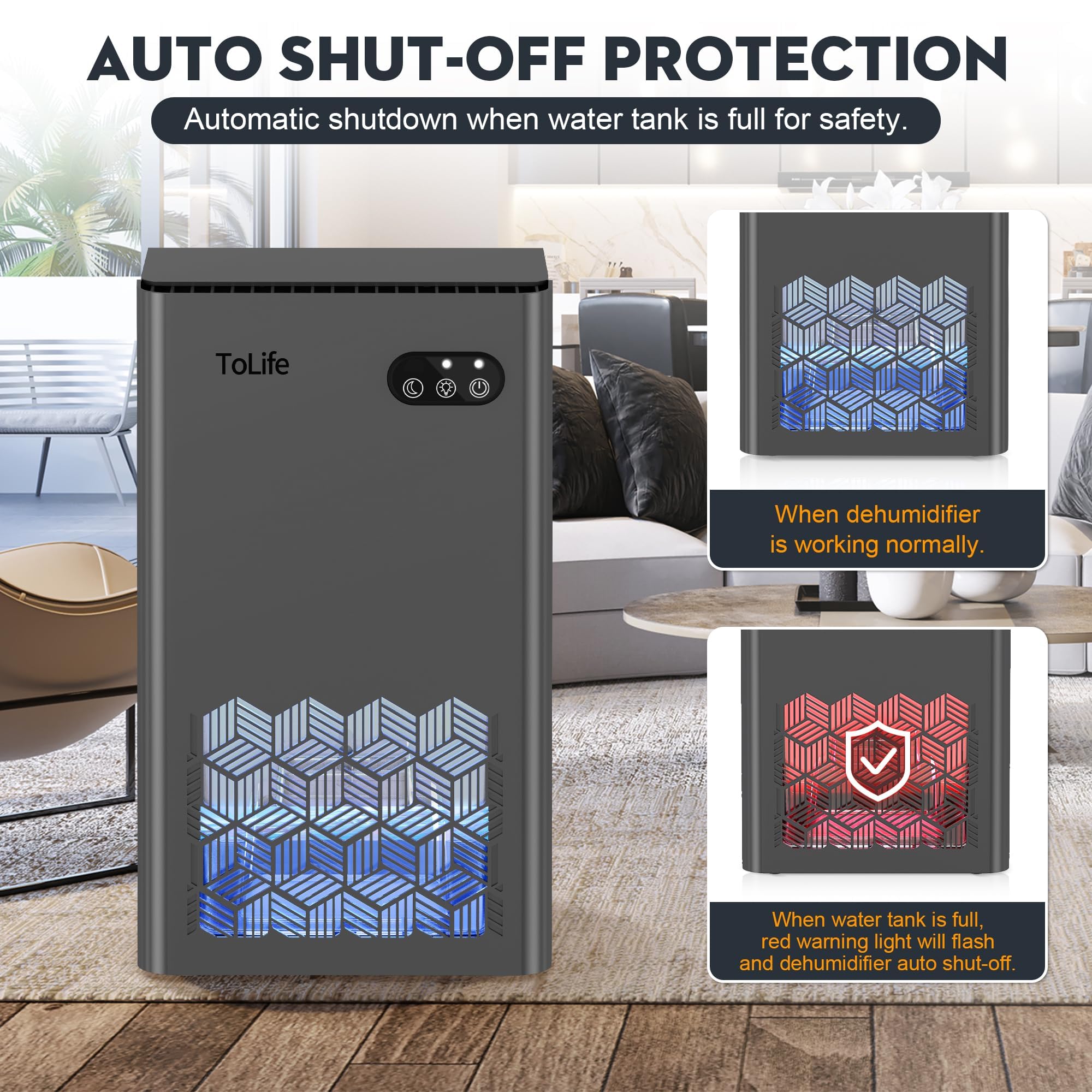 ToLife dehumidifier covers up to 1000 sq ft, suitable for basements or bedrooms.