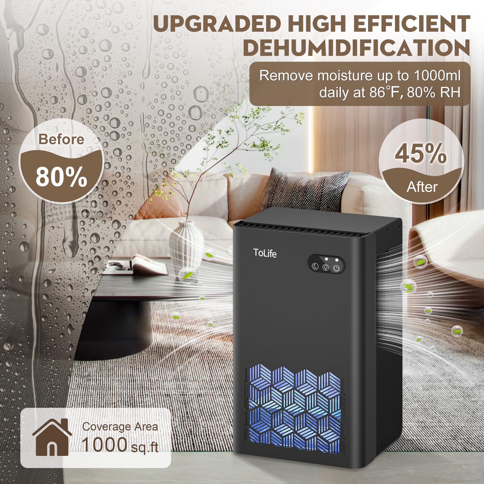 ToLife dehumidifier quiet sleep mode keeps bedrooms peaceful while drying air.