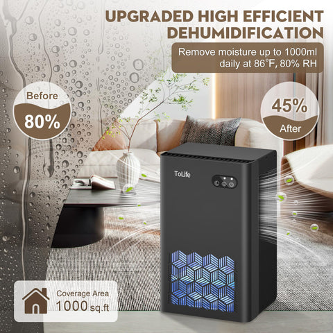 ToLife dehumidifier quiet sleep mode keeps bedrooms peaceful while drying air.