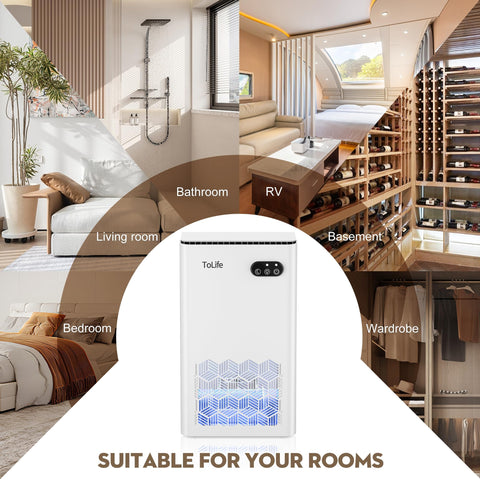 ToLife dehumidifier placed in living room or basement shows versatile placement.
