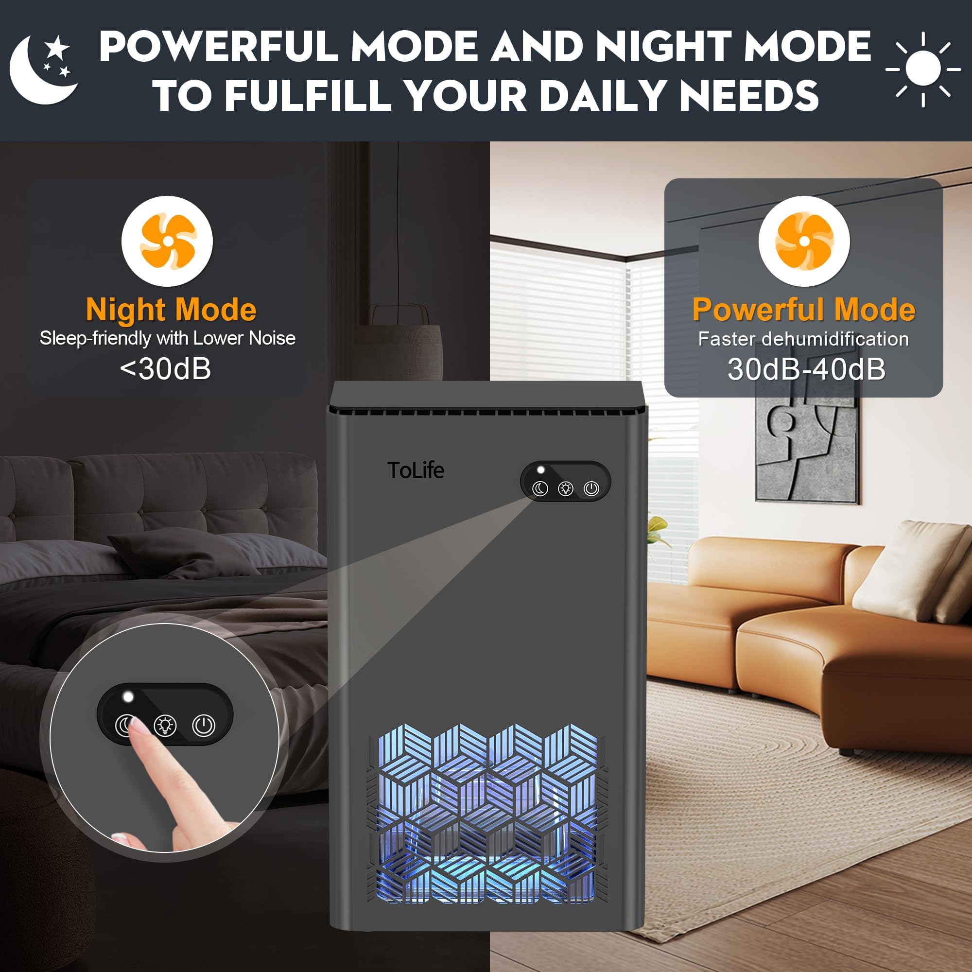 ToLife dehumidifier sleep mode keeps noise under 30 dB for undisturbed rest.