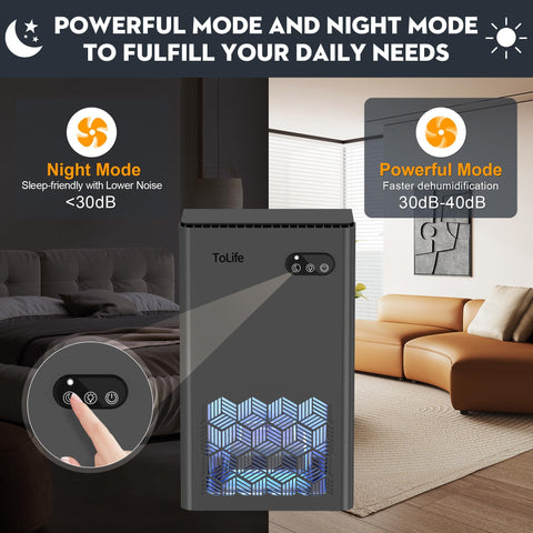 ToLife dehumidifier sleep mode keeps noise under 30 dB for undisturbed rest.