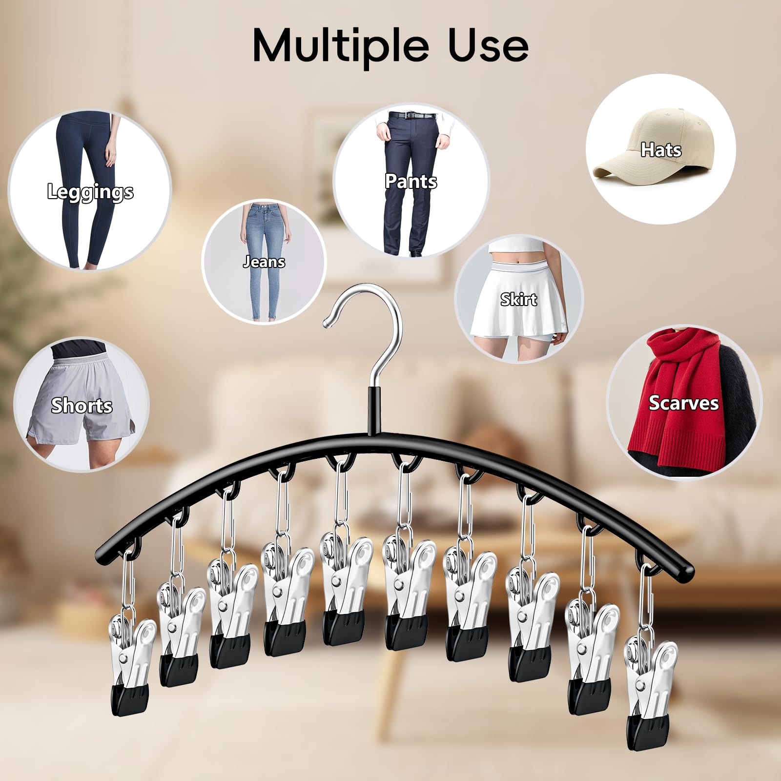 TomCare pants hangers with 20 clips hold leggings securely without slipping.
