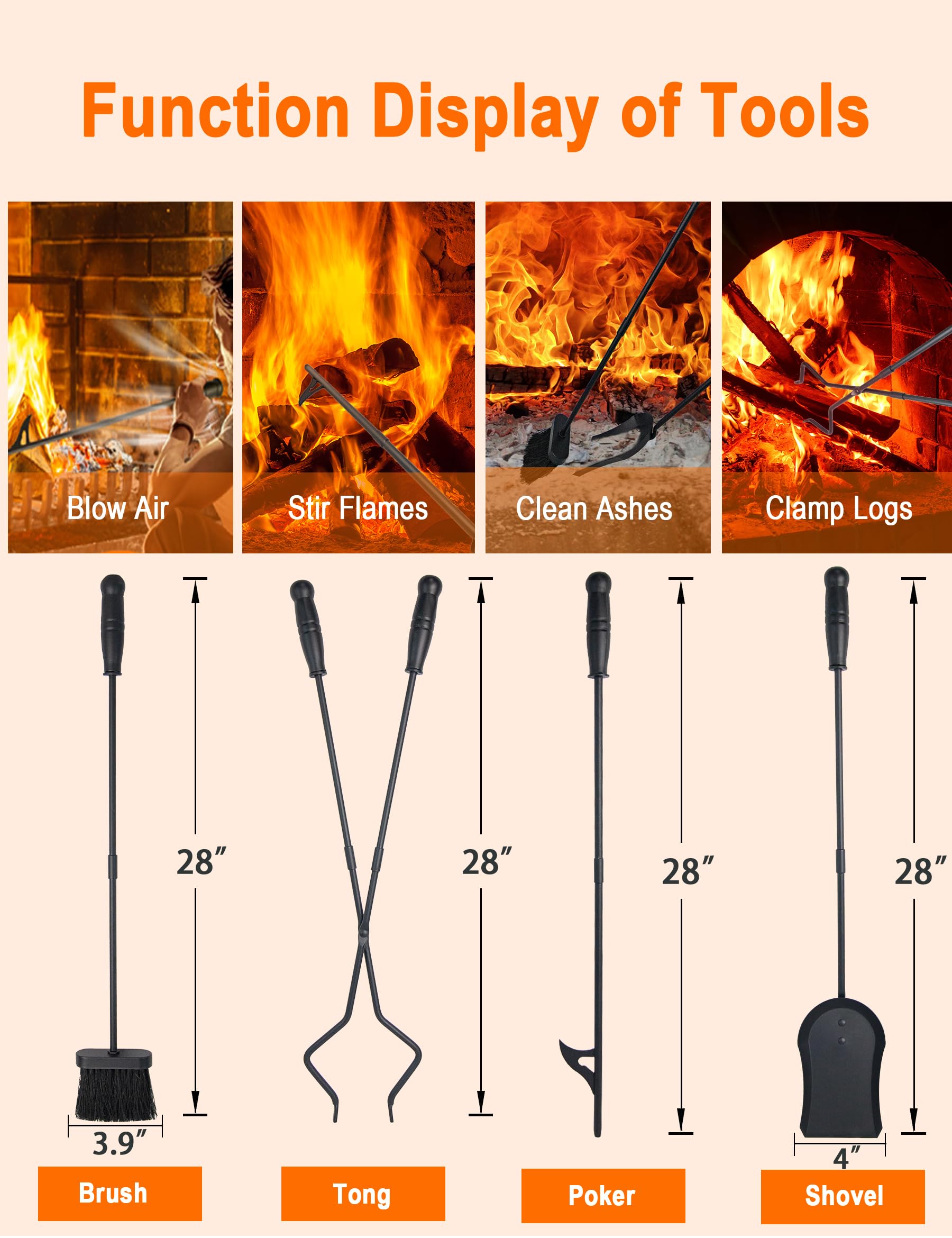 Tomersun fireplace brush reaches corners for easy cleanup after fires.
