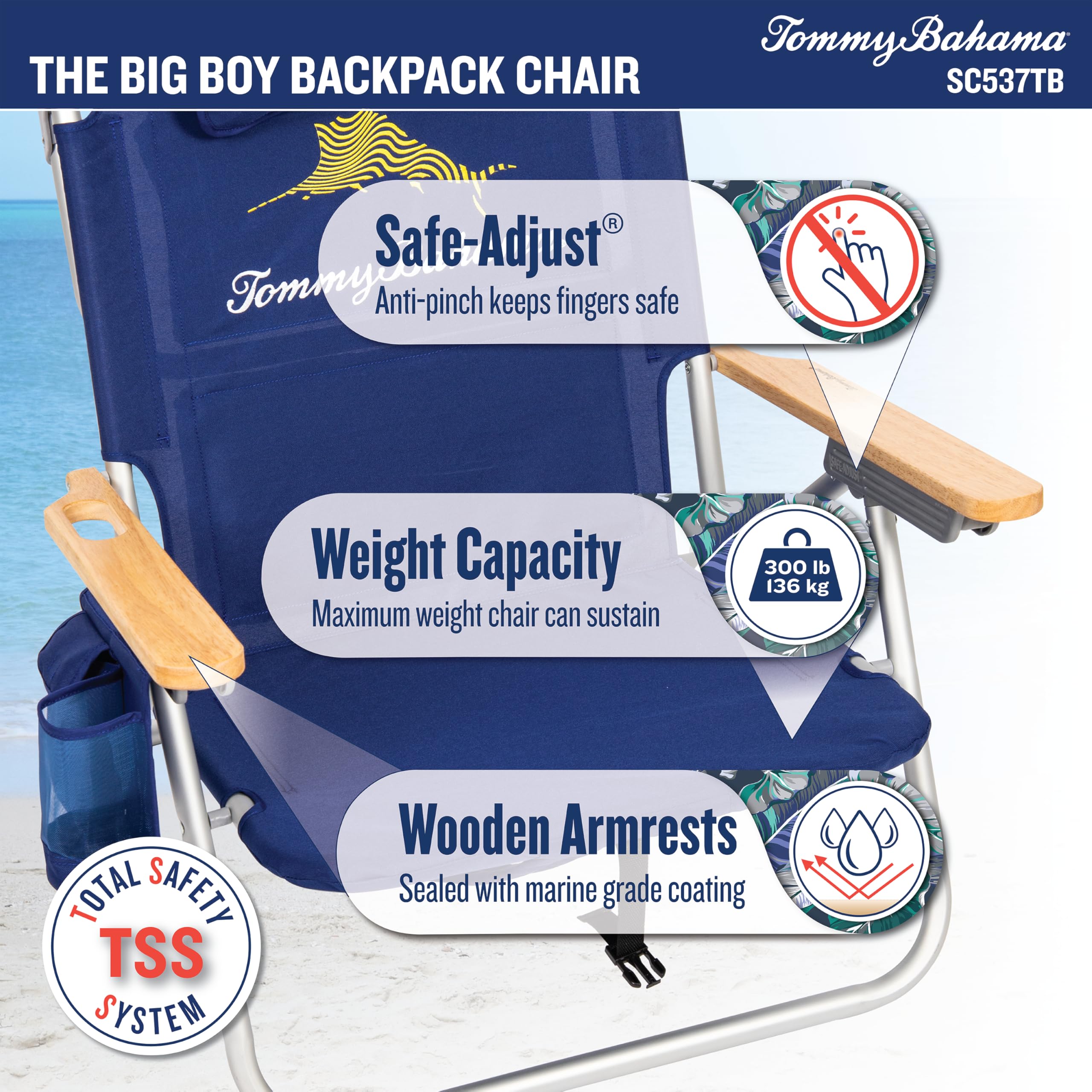 Tommy Bahama Big Boy chair-13in-seat-height offers elevated views on the beach.