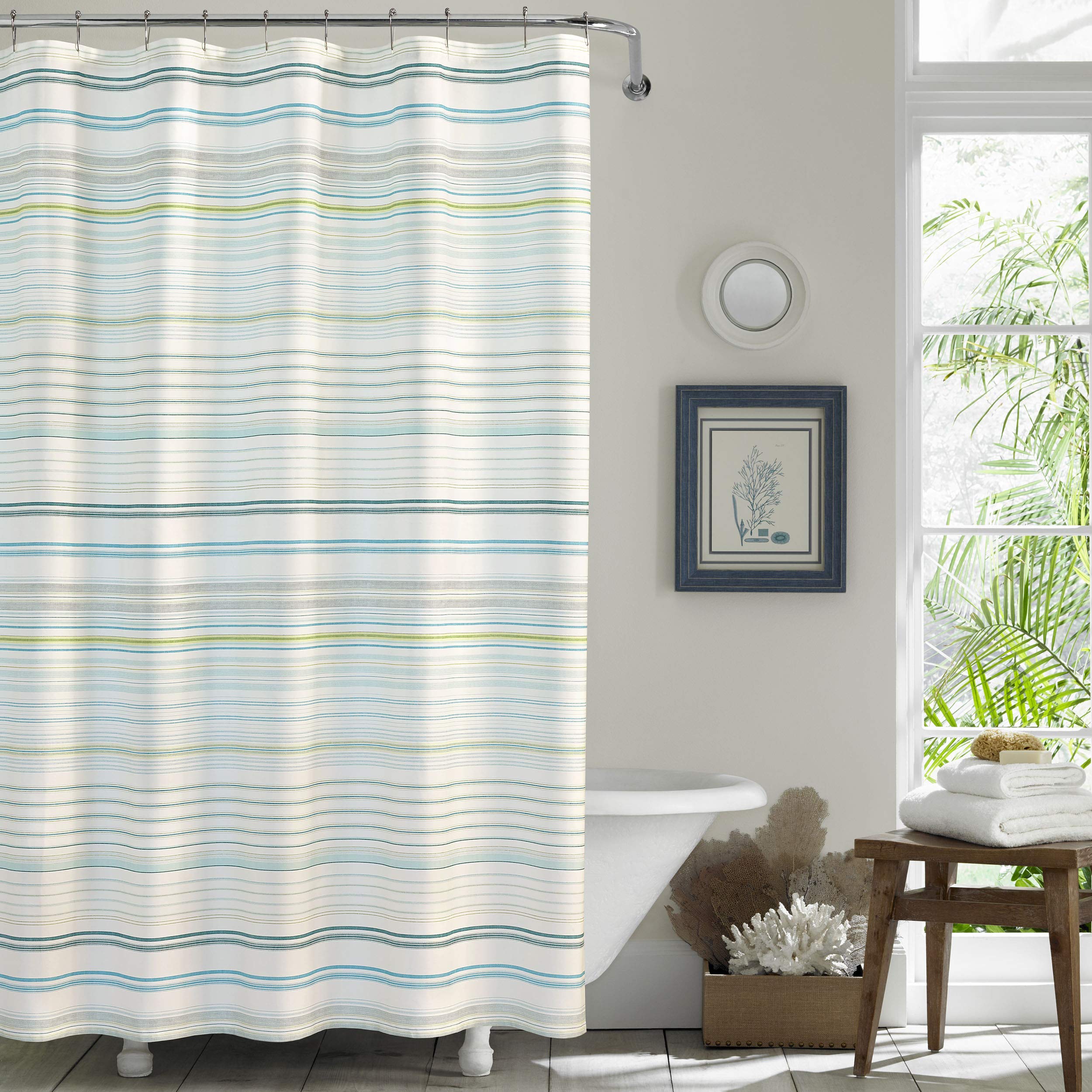 Tommy Bahama La Scala Breeze Green striped shower curtain adds coastal style to your bathroom oasis.