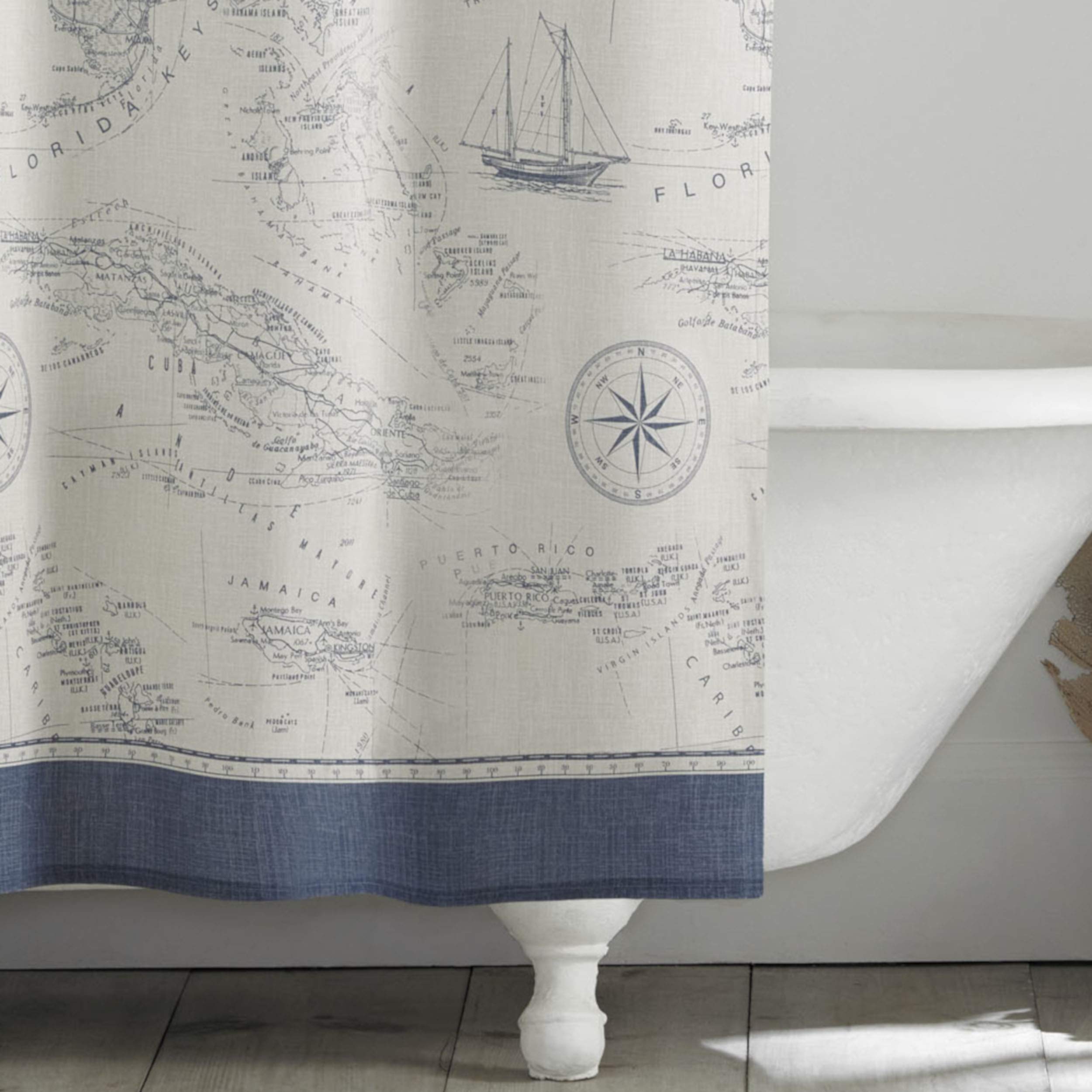 Tommy Bahama shower curtain denim blue tones enhance nautical elegance