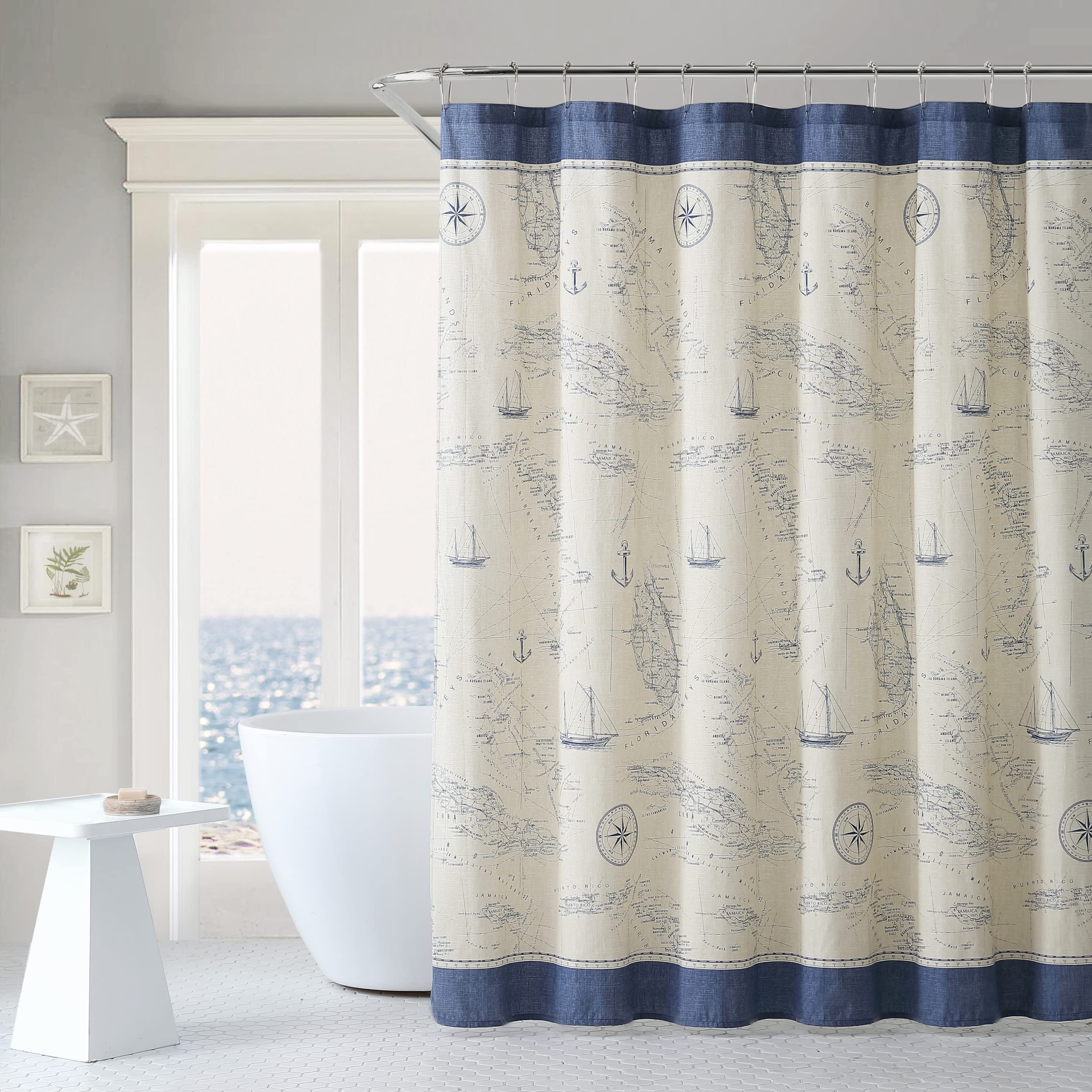 Tommy Bahama shower curtain draped in a bathroom demonstrates graceful drape