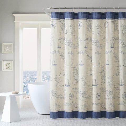 Tommy Bahama shower curtain draped in a bathroom demonstrates graceful drape