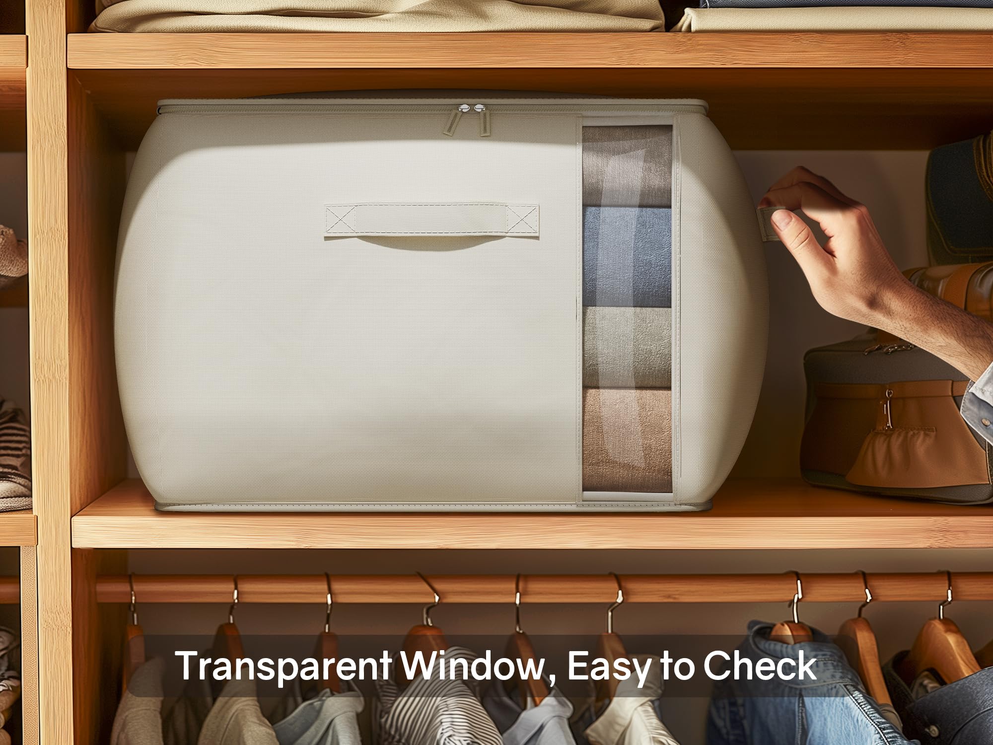 TomVista beige 3-pack closet organizers for blankets and clothes.