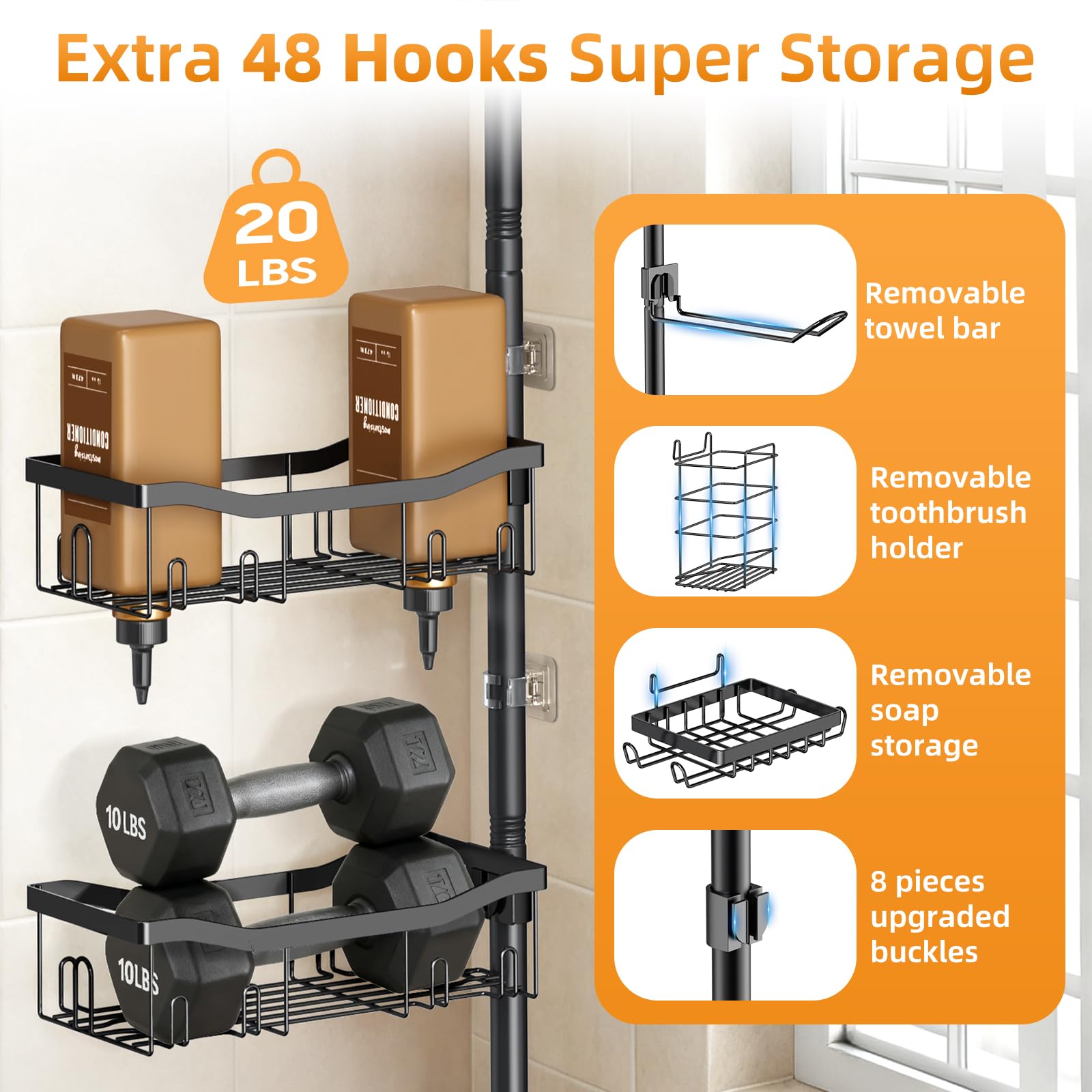 Tondid Shower Caddy Corner adjustable height shows 47–122 inches for versatile spaces.