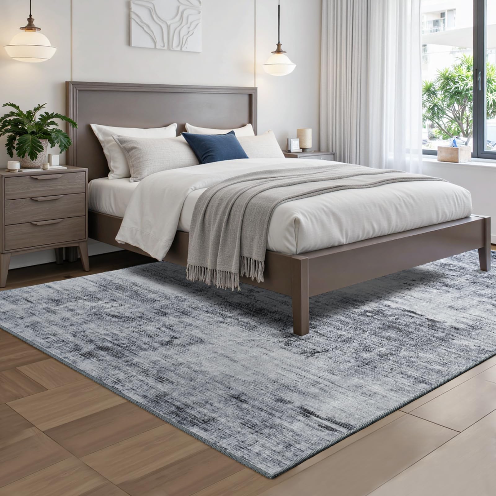 Toneed 5x7 rug features non-slip pad backing to prevent slips.
