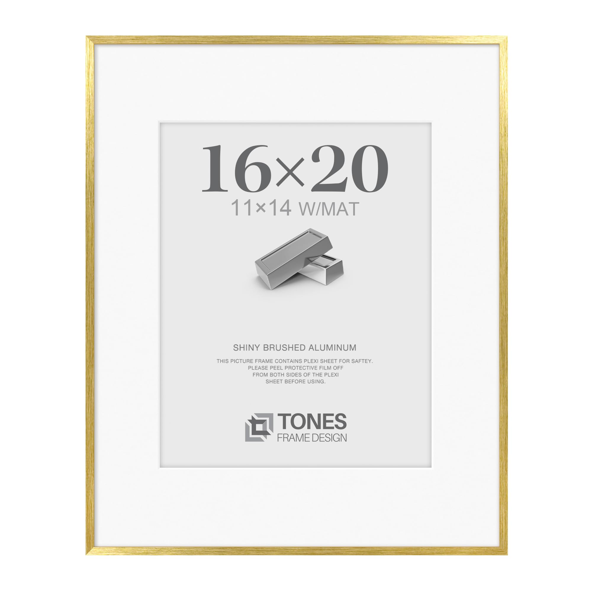 TONES FRAME DESIGN brushed gold 16x20 frame front view highlights a contemporary display.