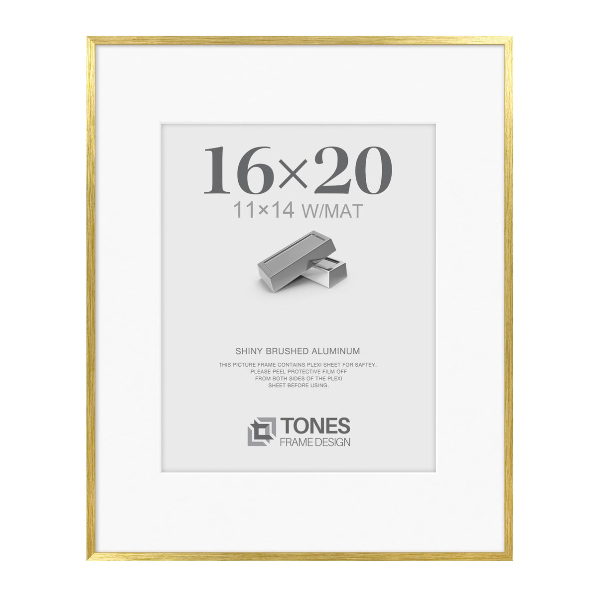 TONES FRAME DESIGN brushed gold 16x20 frame front view highlights a contemporary display.