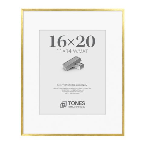 TONES FRAME DESIGN brushed gold 16x20 frame front view highlights a contemporary display.