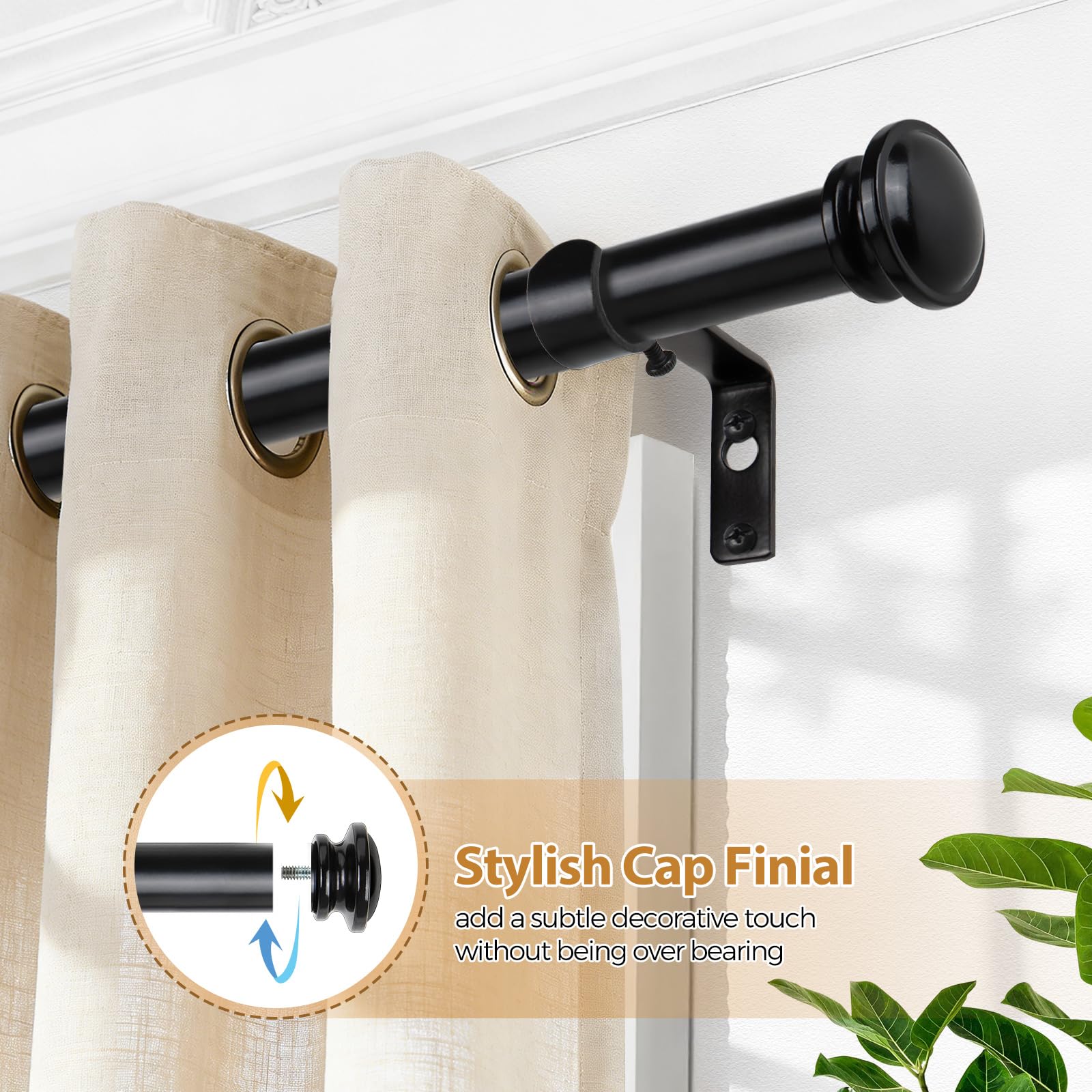 TONIAL black curtain rod end finials add subtle decorative detail.