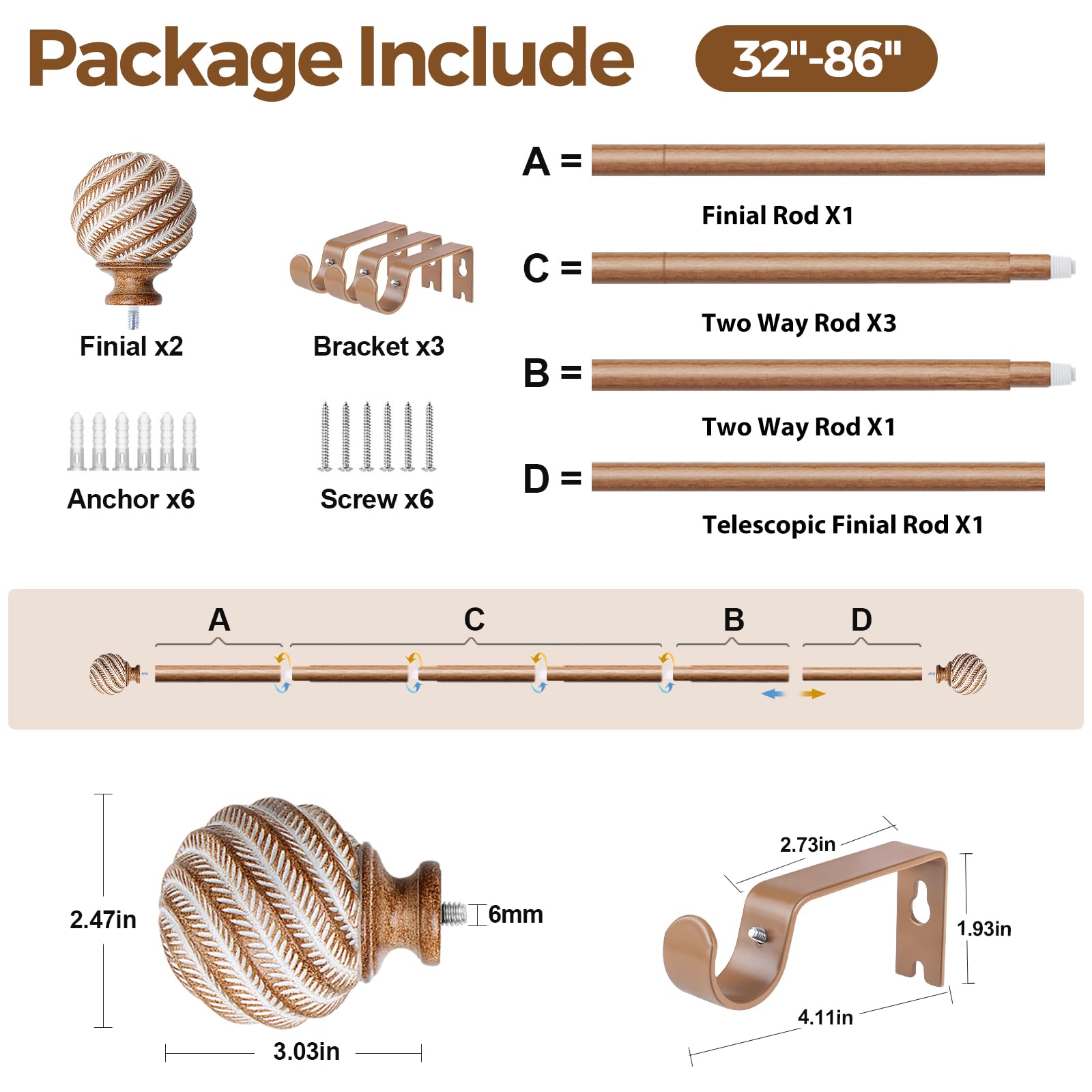 TONIAL wood curtain rod for indoor or covered outdoor use.