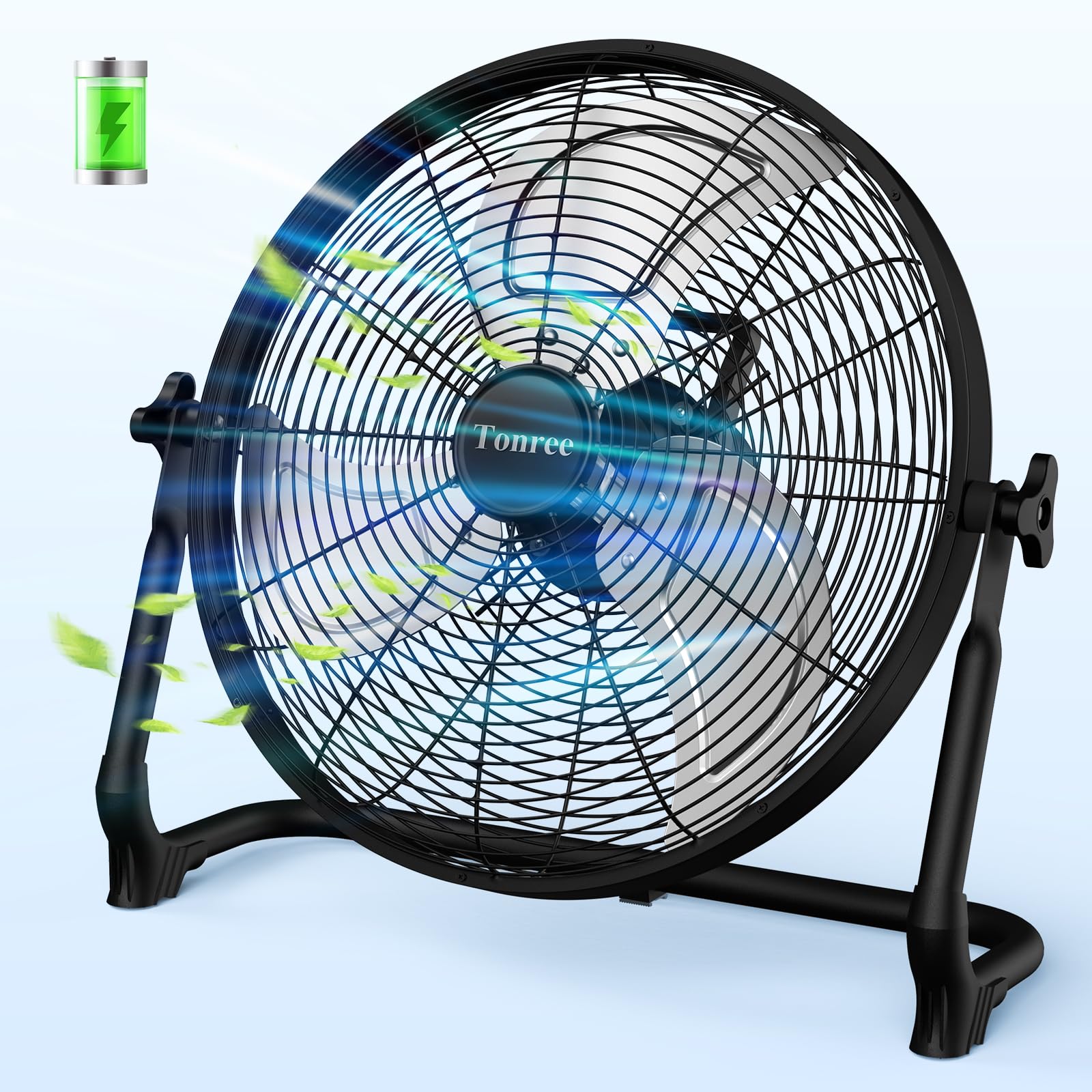 Tonree 18-inch portable floor fan with cordless design for indoor and outdoor cooling.