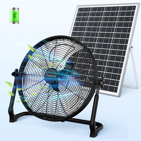 Tonree 18-inch portable fan front view for high-velocity airflow outdoors.