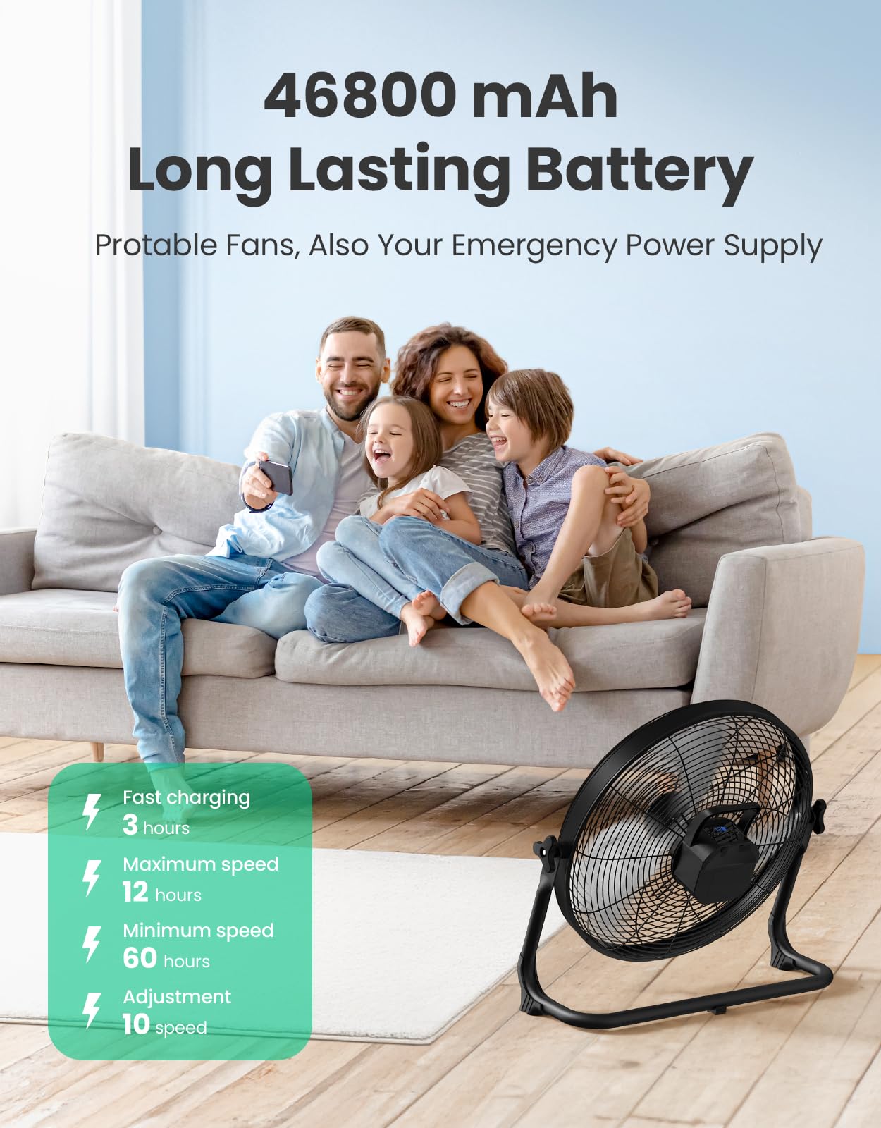 Tonree 18-inch portable fan side view showing adjustable tilt for flexible airflow.