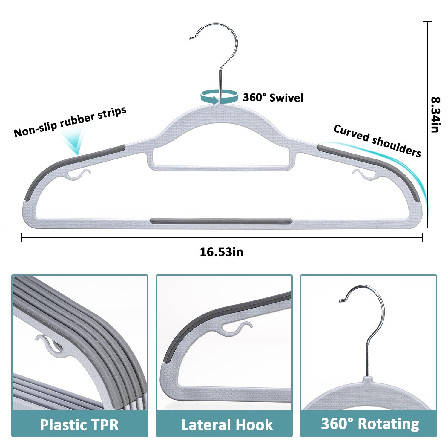 Tonswachic non-slip hangers with shoulder and bottom-bar grips reduce garment slippage.