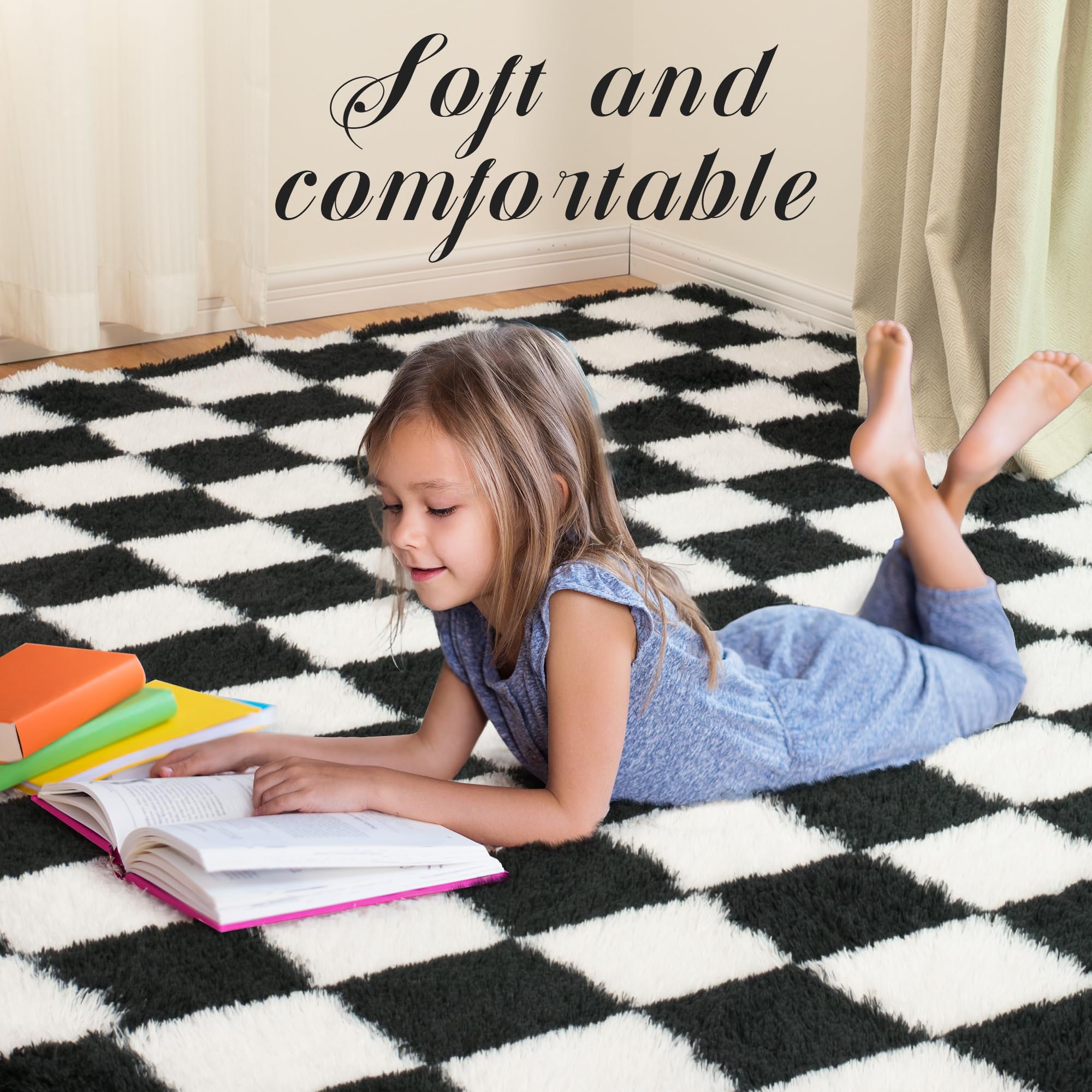 TOOHUB fluffy checkered rug suitable for kids room or nursery