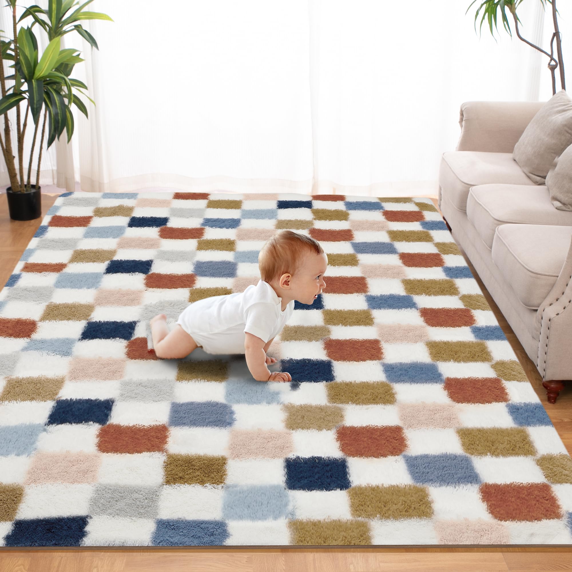 TOOHUB super soft rainbow checkered rug with plush texture for cozy comfort underfoot